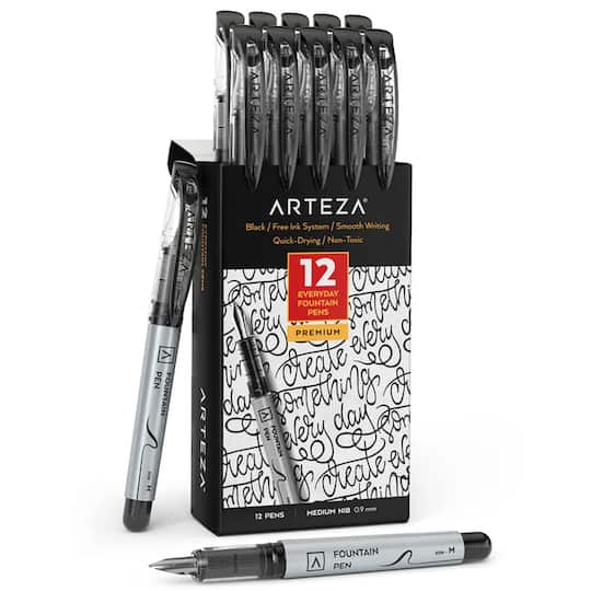 Arteza® Medium Black Disposable Fountain Pens, 12ct.